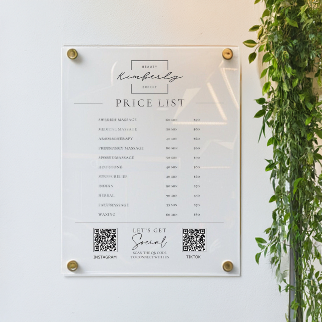 Custom Printed Acrylic Price List & Treatment Menu Sign, Personalised Logo & QR Codes - By Victoria Maxwell