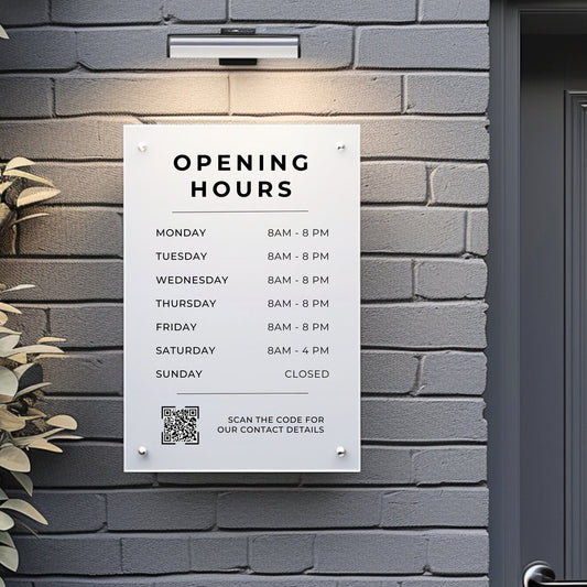 Custom Printed Acrylic Business Hours Sign, Personalised Shop Opening Times, QR Code Signage Plaque, Outdoor Office Sign, Reception, Door - By Victoria Maxwell