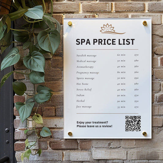 Custom Printed Acrylic Price List & Treatment Menu Sign, Personalised Logo & QR Code - By Victoria Maxwell