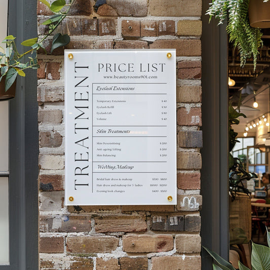 Custom Printed Acrylic Price List & Treatment Menu Sign, Personalised Logo & QR Codes - By Victoria Maxwell