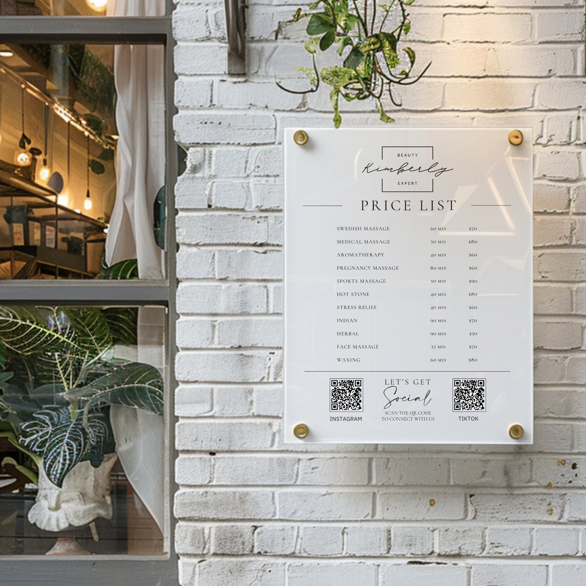 Custom Printed Acrylic Price List & Treatment Menu Sign, Personalised Logo & QR Codes - By Victoria Maxwell