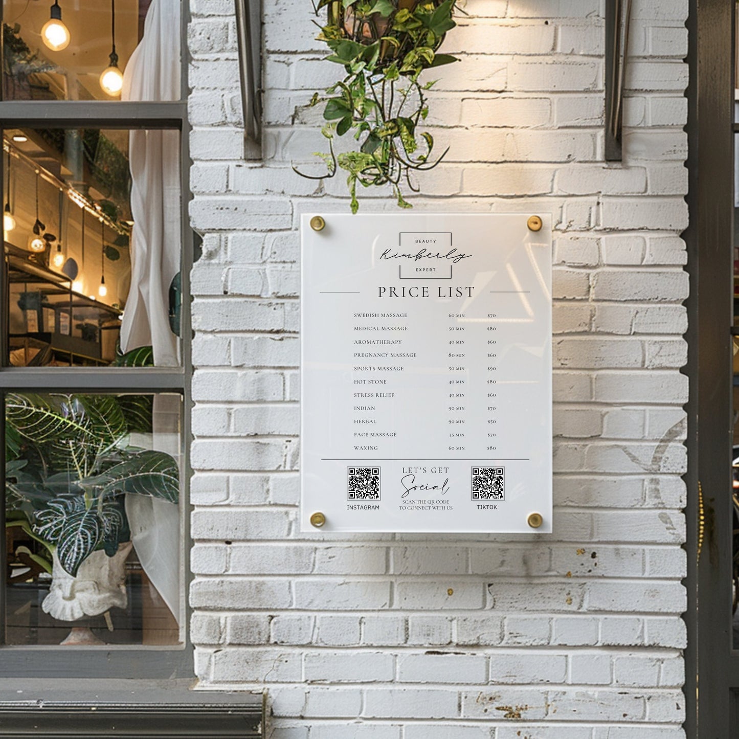 Custom Printed Acrylic Price List & Treatment Menu Sign, Personalised Logo & QR Codes - By Victoria Maxwell