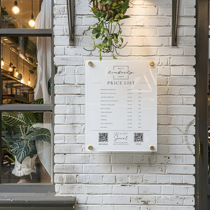 Custom Printed Acrylic Price List & Treatment Menu Sign, Personalised Logo & QR Codes - By Victoria Maxwell