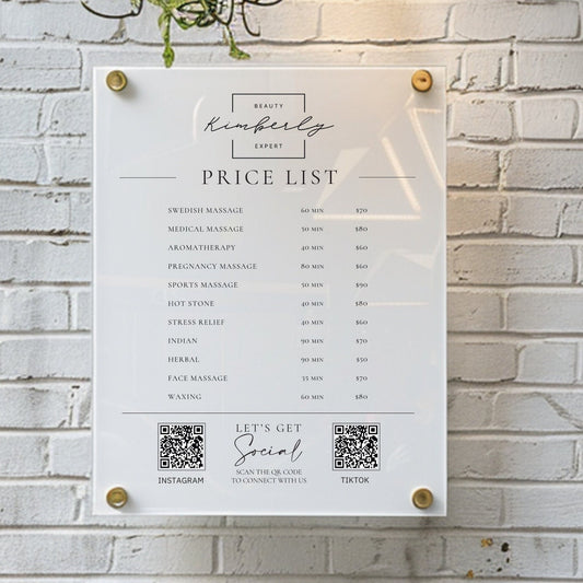 Custom Printed Acrylic Price List & Treatment Menu Sign, Personalised Logo & QR Codes - By Victoria Maxwell