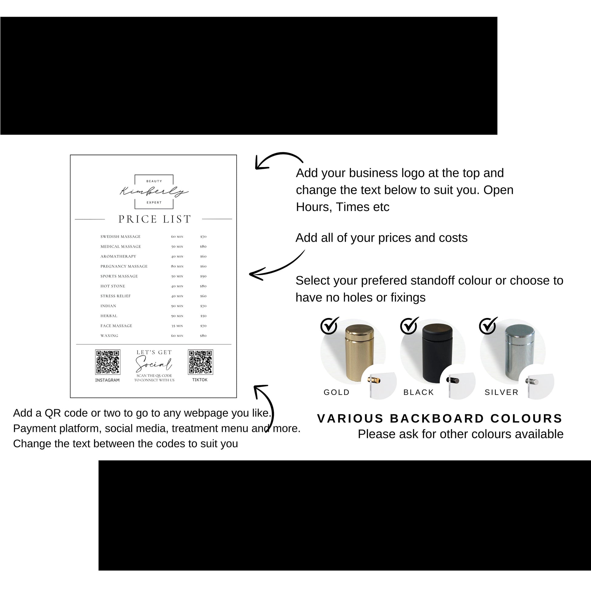 Custom Printed Acrylic Price List & Treatment Menu Sign, Personalised Logo & QR Codes - By Victoria Maxwell