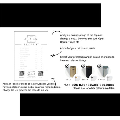 Custom Printed Acrylic Price List & Treatment Menu Sign, Personalised Logo & QR Codes - By Victoria Maxwell