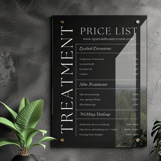 Custom Printed Acrylic Price List & Treatment Menu Sign, Personalised Logo & QR Codes - By Victoria Maxwell